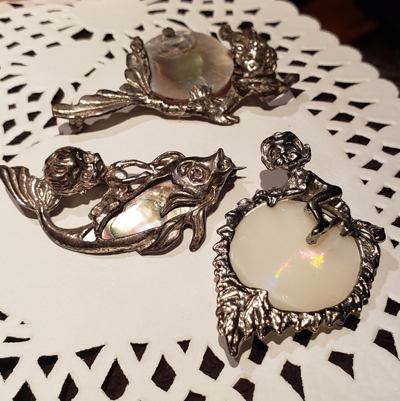 Vintage Pixie Elf Mermaid Silver Abalone mother of pearl pins lot - Picture 4 of 16